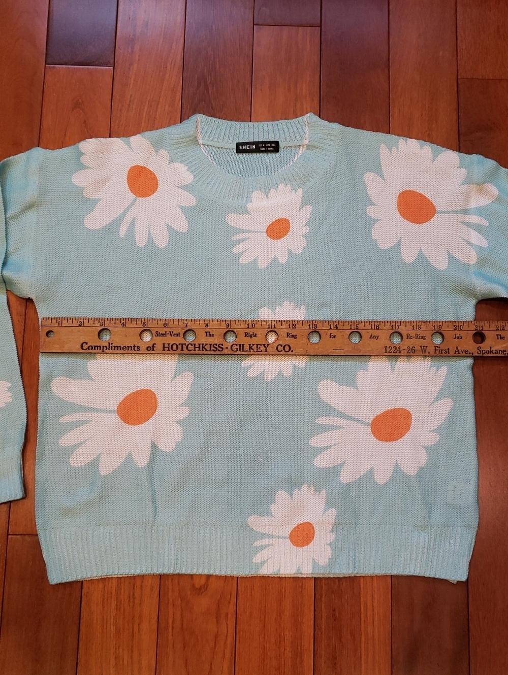 SHEIN Sky Blue Daisy Crewneck Sweater with White & Orange Floral Accents - Picture 5 of 8